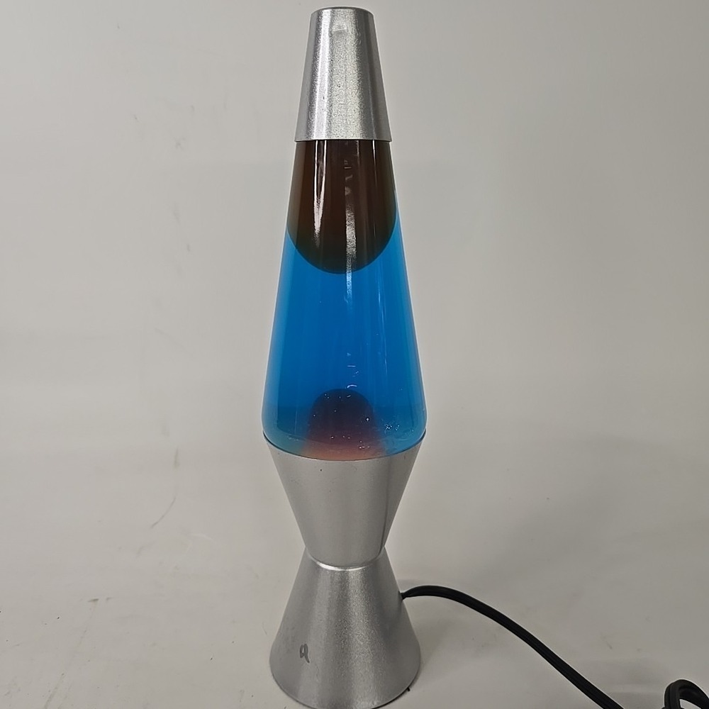 Lava Lamp Lite Blue Liquid Orange Wax Silver Base & Cap 14"